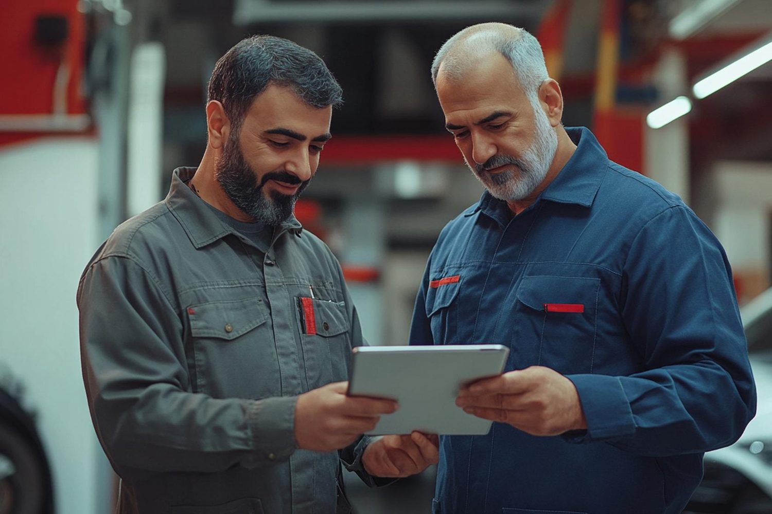 Garagistes consultant un rapport sur tablette